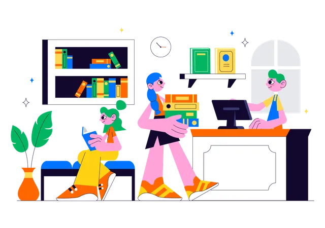 Chica comprando un libro en una librería  Ilustración