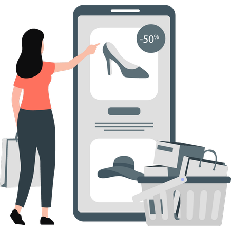 Chica comprando zapatos con un 50% de descuento  Ilustración