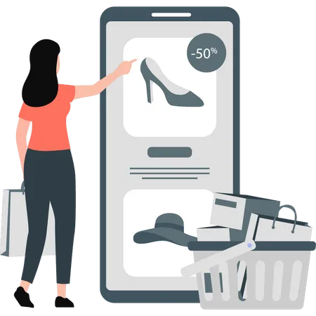 Chica comprando zapatos con un 50% de descuento  Ilustración