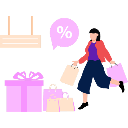 Chica de compras en oferta de descuento  Ilustración