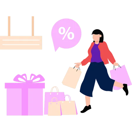 Chica de compras en oferta de descuento  Ilustración