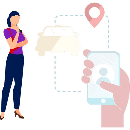 Chica comprobando la ubicación del taxi en su móvil  Illustration