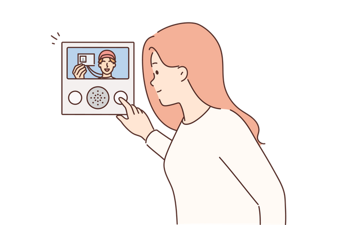 Chica revisando la pantalla del intercomunicador  Ilustración