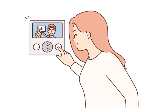 Chica revisando la pantalla del intercomunicador  Ilustración