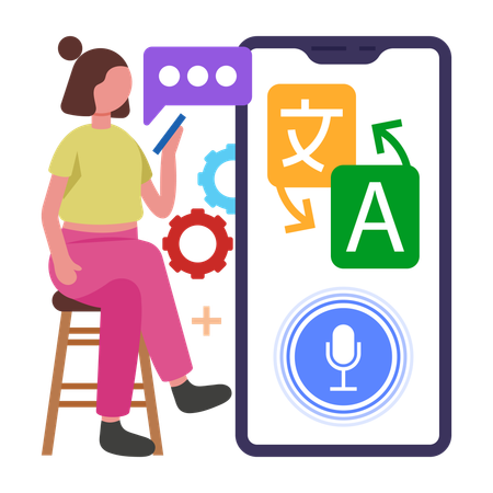 Chica haciendo comunicación usando traducción de idiomas  Ilustración