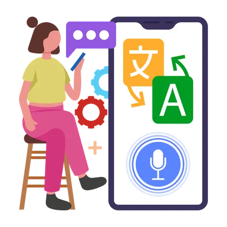 Chica haciendo comunicación usando traducción de idiomas  Ilustración