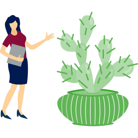 Chica con archivo mirando plantas de opuntia  Ilustración