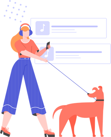 Chica con auriculares paseando con el perro  Ilustración