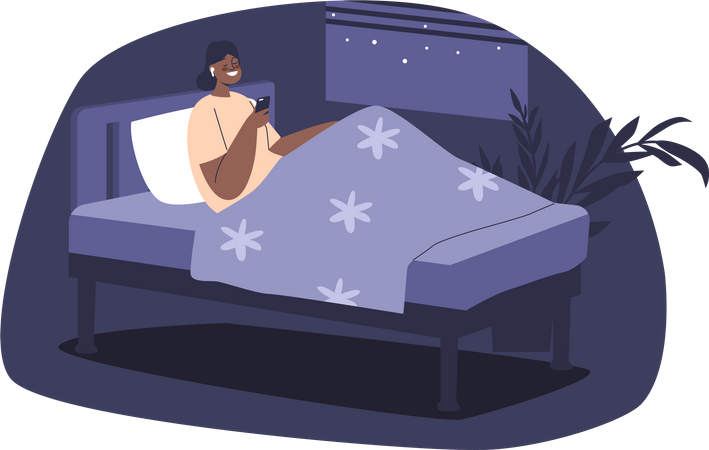 Una chica con auriculares usa un teléfono inteligente acostada en la cama  Ilustración