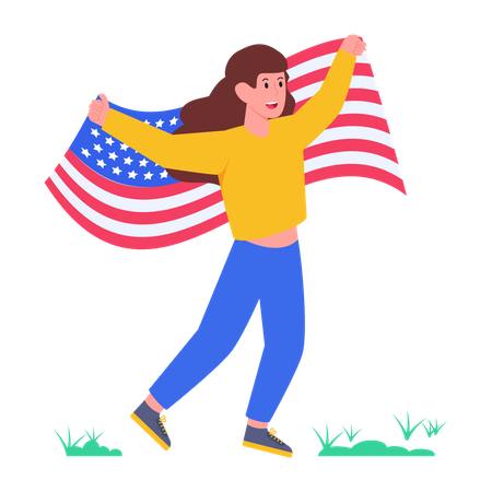 Chica con bandera americana  Ilustración