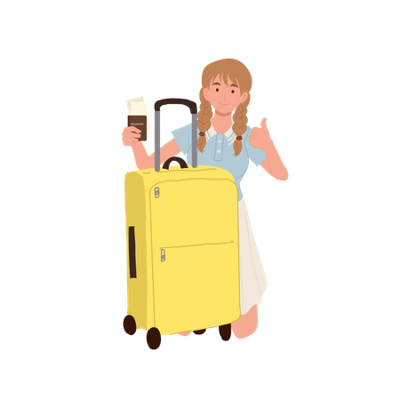 Chica con bolsa de viaje y tarjeta de embarque haciendo el pulgar hacia arriba  Ilustración