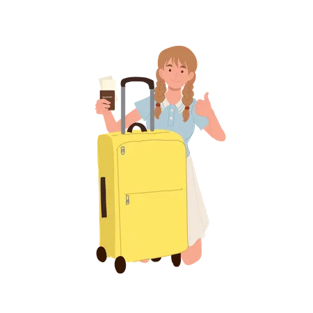 Chica con bolsa de viaje y tarjeta de embarque haciendo el pulgar hacia arriba  Ilustración