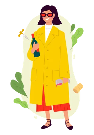 Chica con botella de vino  Ilustración