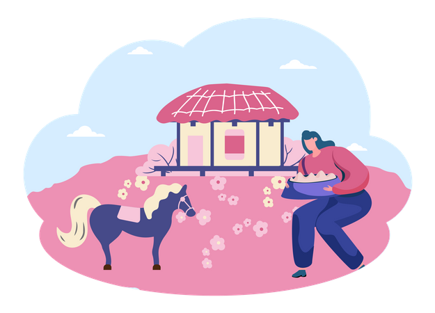 Chica con caballo en la isla de jeju  Ilustración