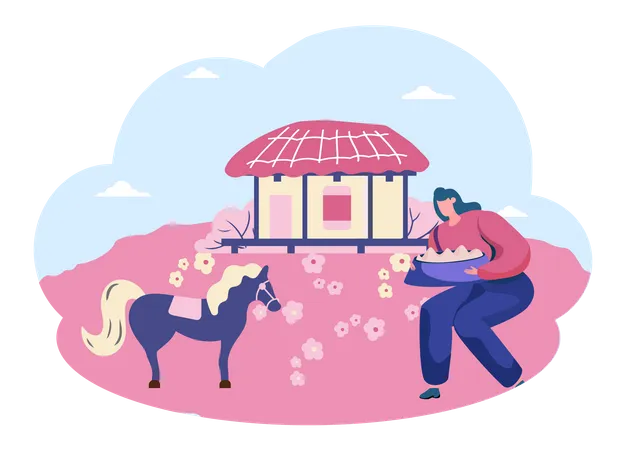 Chica con caballo en la isla de jeju  Ilustración