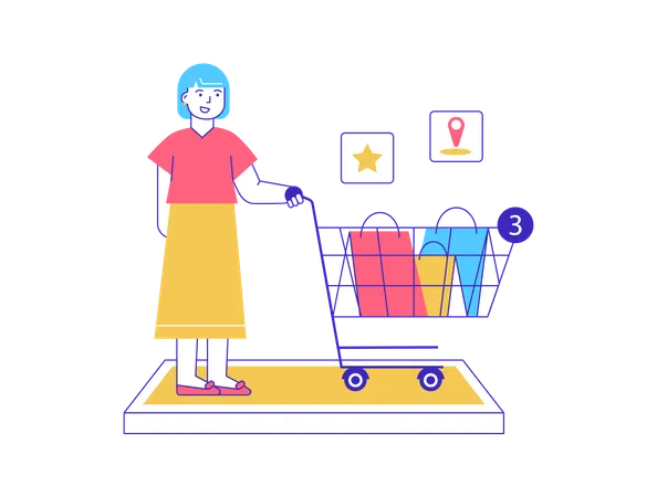 Chica con carrito de compras en línea  Ilustración