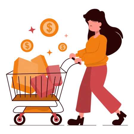 Chica con carrito de compras  Ilustración