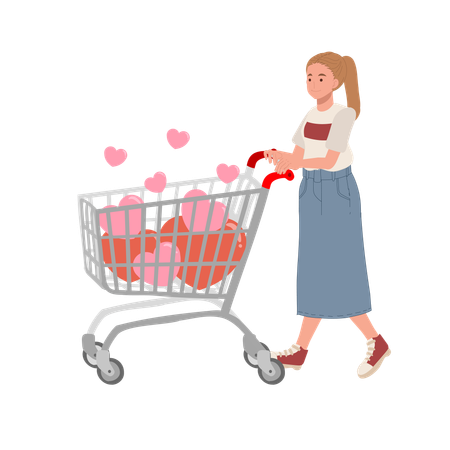 Chica con venta de San Valentín con carrito en forma de corazón lleno de regalos y corazones.  Ilustración