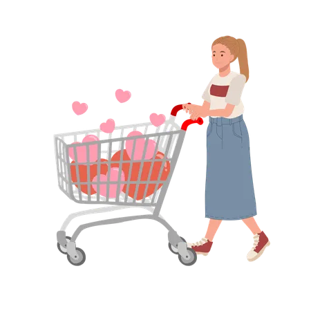 Chica con venta de San Valentín con carrito en forma de corazón lleno de regalos y corazones.  Ilustración