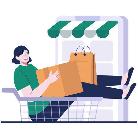 Chica con carrito de compras en línea  Ilustración