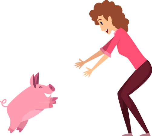 Chica con cerdo  Ilustración
