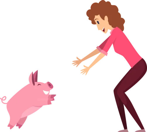 Chica con cerdo  Ilustración