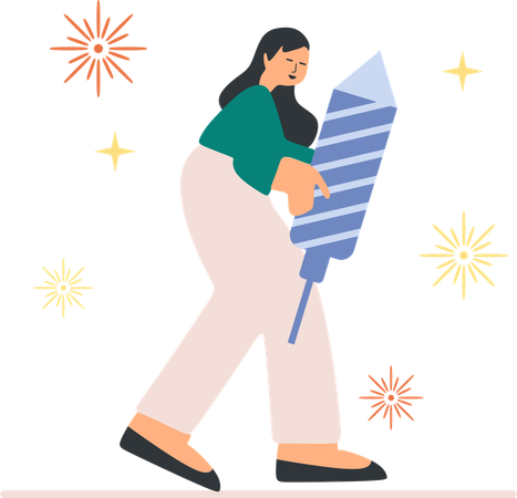 Chica con cohete de Diwali  Ilustración