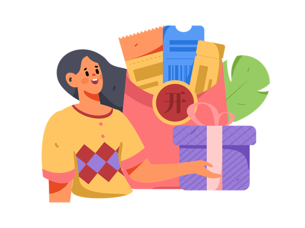 Chica con cupón de compras y caja de regalo.  Ilustración