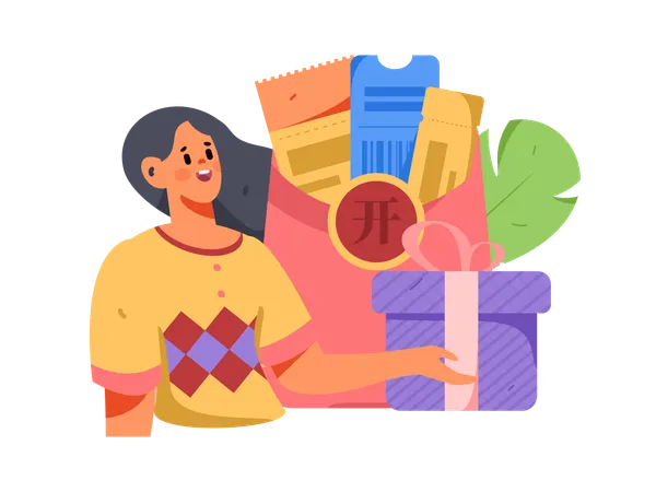 Chica con cupón de compras y caja de regalo.  Ilustración