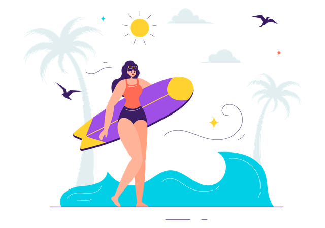 Chica con equipo de surf  Ilustración