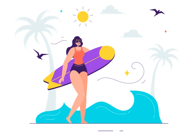 Chica con equipo de surf  Ilustración