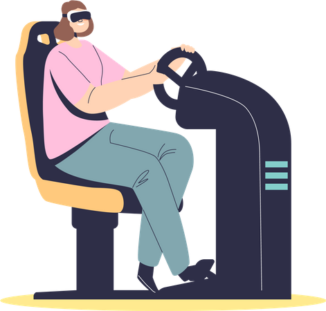 Chica con gafas vr jugando usando el joystick del volante  Ilustración