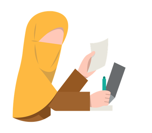 Chica con hijab escribe notas para el trabajo mientras trabaja en la oficina  Ilustración