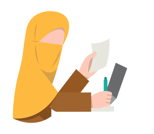 Chica con hijab escribe notas para el trabajo mientras trabaja en la oficina  Ilustración