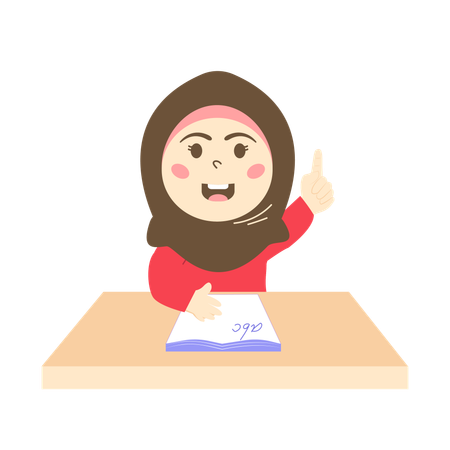 Una chica con hijab levantó el dedo en clase de inglés  Ilustración