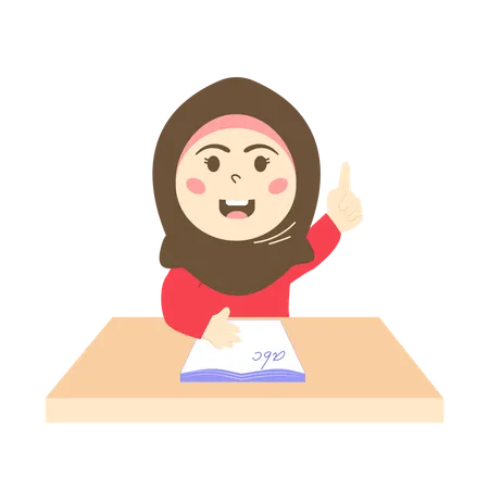 Una chica con hijab levantó el dedo en clase de inglés  Ilustración