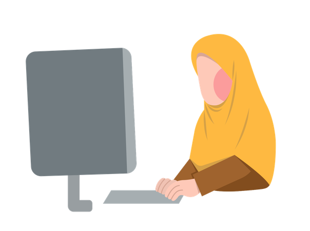 Chica con hijab trabajando en la computadora  Ilustración