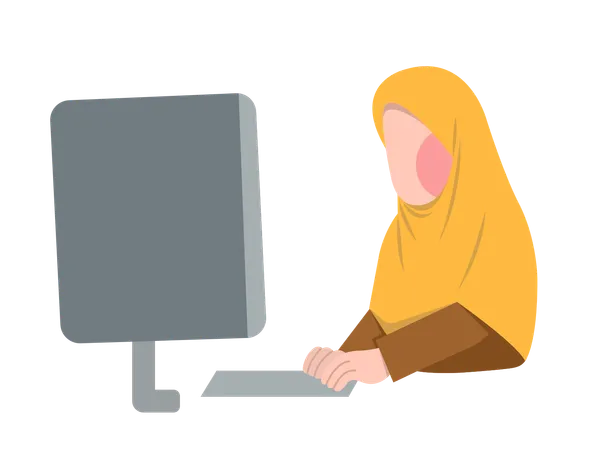 Chica con hijab trabajando en la computadora  Ilustración