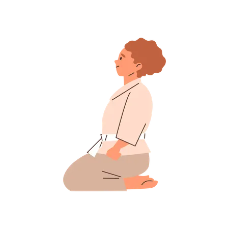 Chica con kimono sentada de rodillas  Ilustración