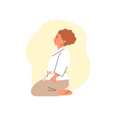 Chica con kimono y cinturón en una clase de karate.  Ilustración