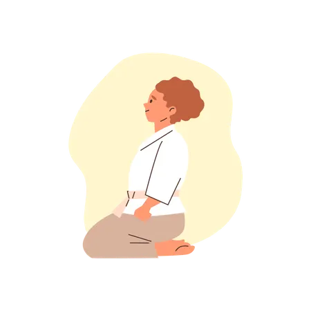 Chica con kimono y cinturón en una clase de karate.  Ilustración