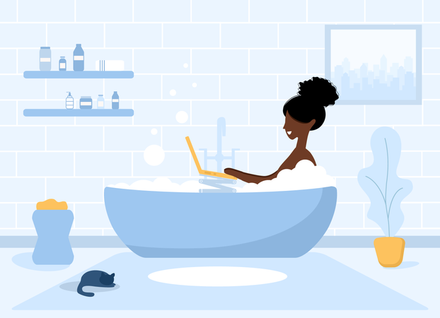 Chica con laptop acostada en la bañera  Ilustración