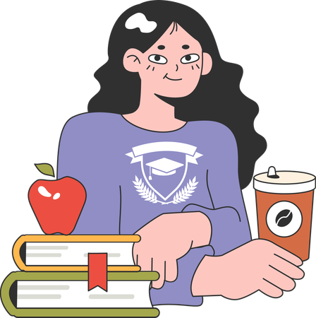 Chica con libros y café.  Ilustración