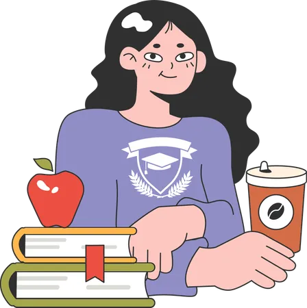 Chica con libros y café.  Ilustración