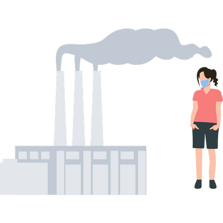 Una chica con máscara observa la contaminación del humo de la fábrica.  Ilustración
