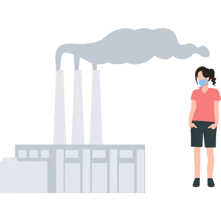 Una chica con máscara observa la contaminación del humo de la fábrica.  Ilustración