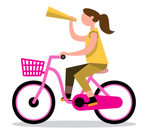Chica con megáfono en bicicleta  Ilustración
