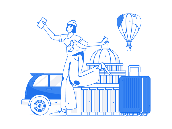 Chica sosteniendo móvil y yendo de viaje  Ilustración