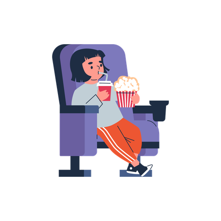 Niña con palomitas y refresco en una silla  Ilustración