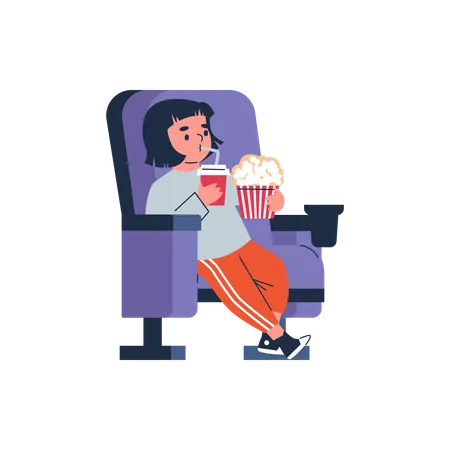 Niña con palomitas y refresco en una silla  Ilustración